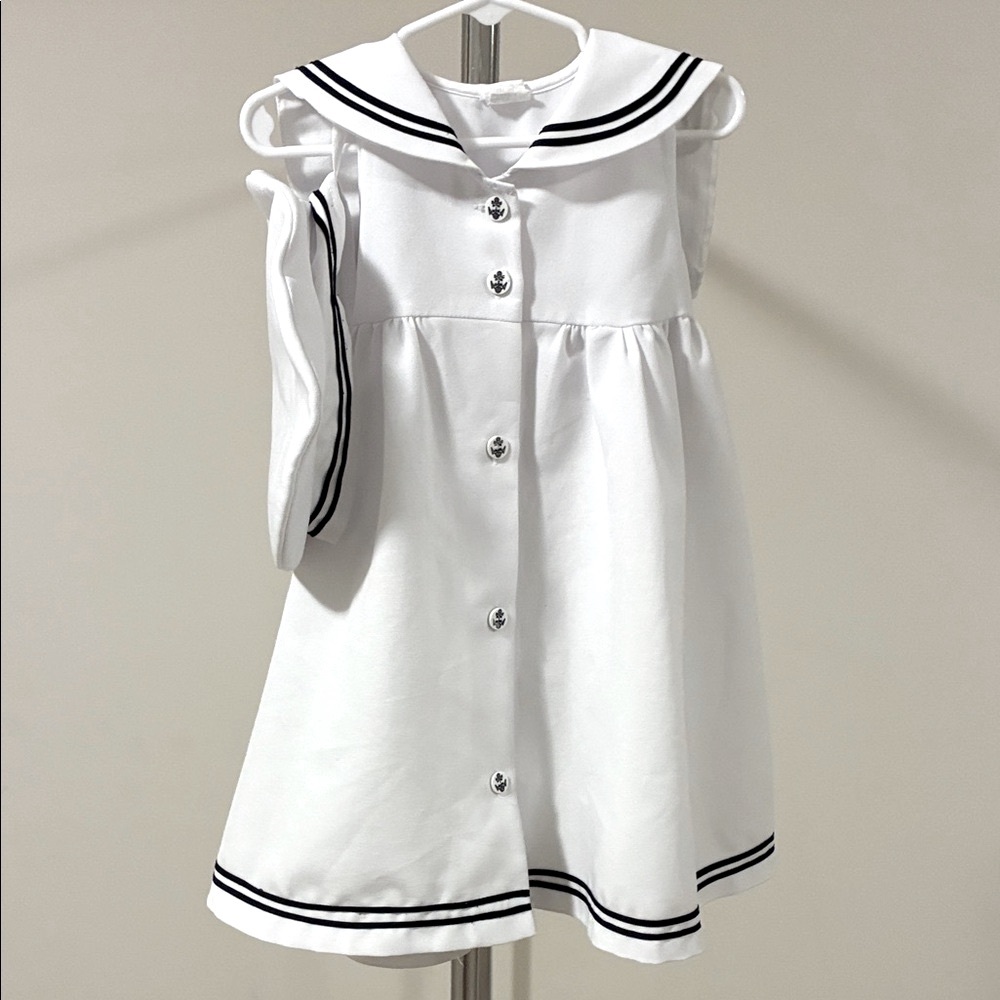 Girls’ White Sailor Dress with Navy Blue Trim and Matching Hat